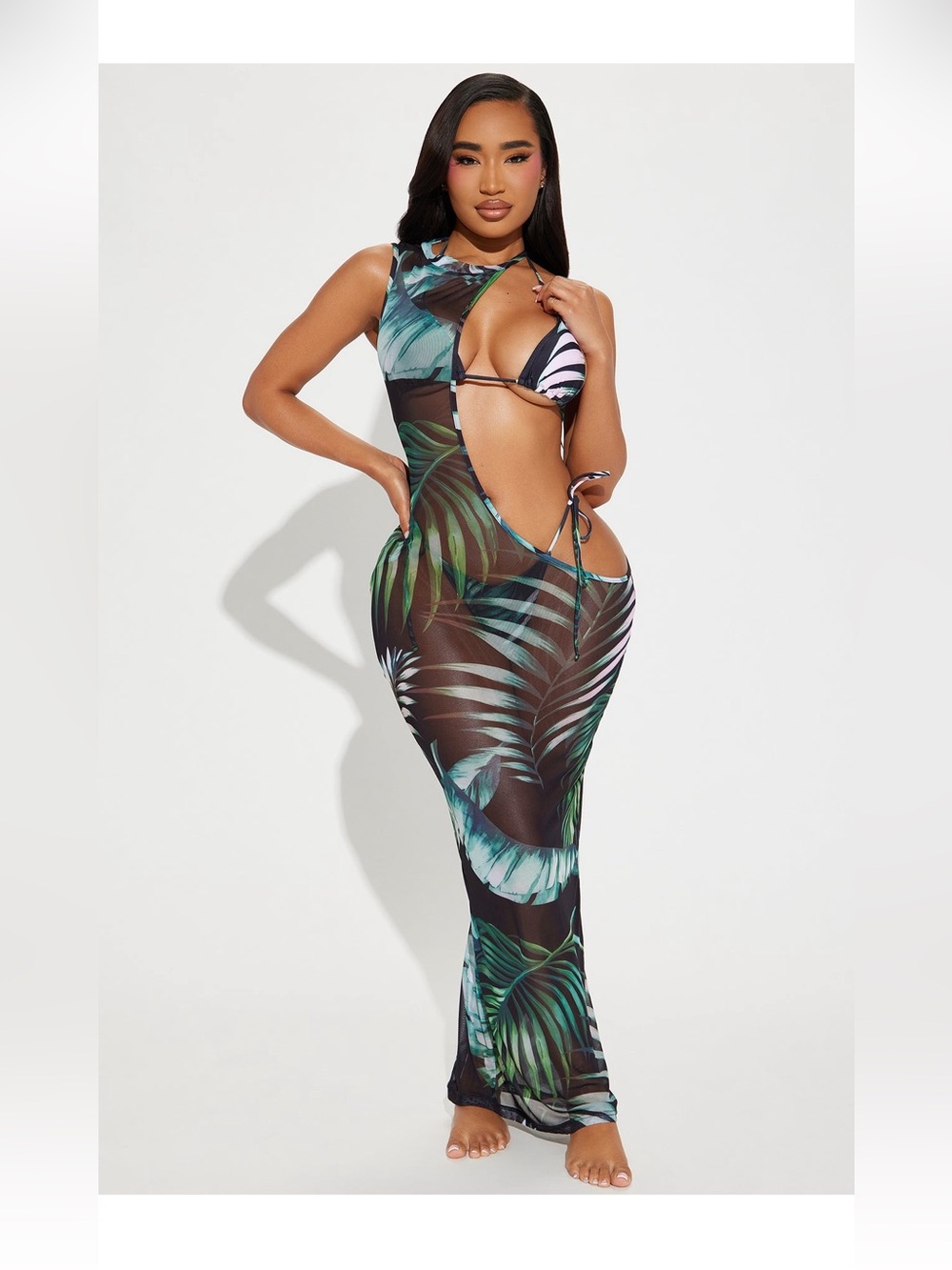 Tropical Mesh Cutout Maxi Swim Cover-Up Dress in Green